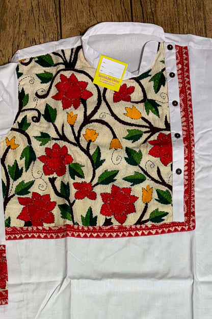 White Color Cotton with Multicolor Thread Kantha Patch Work Panjabi