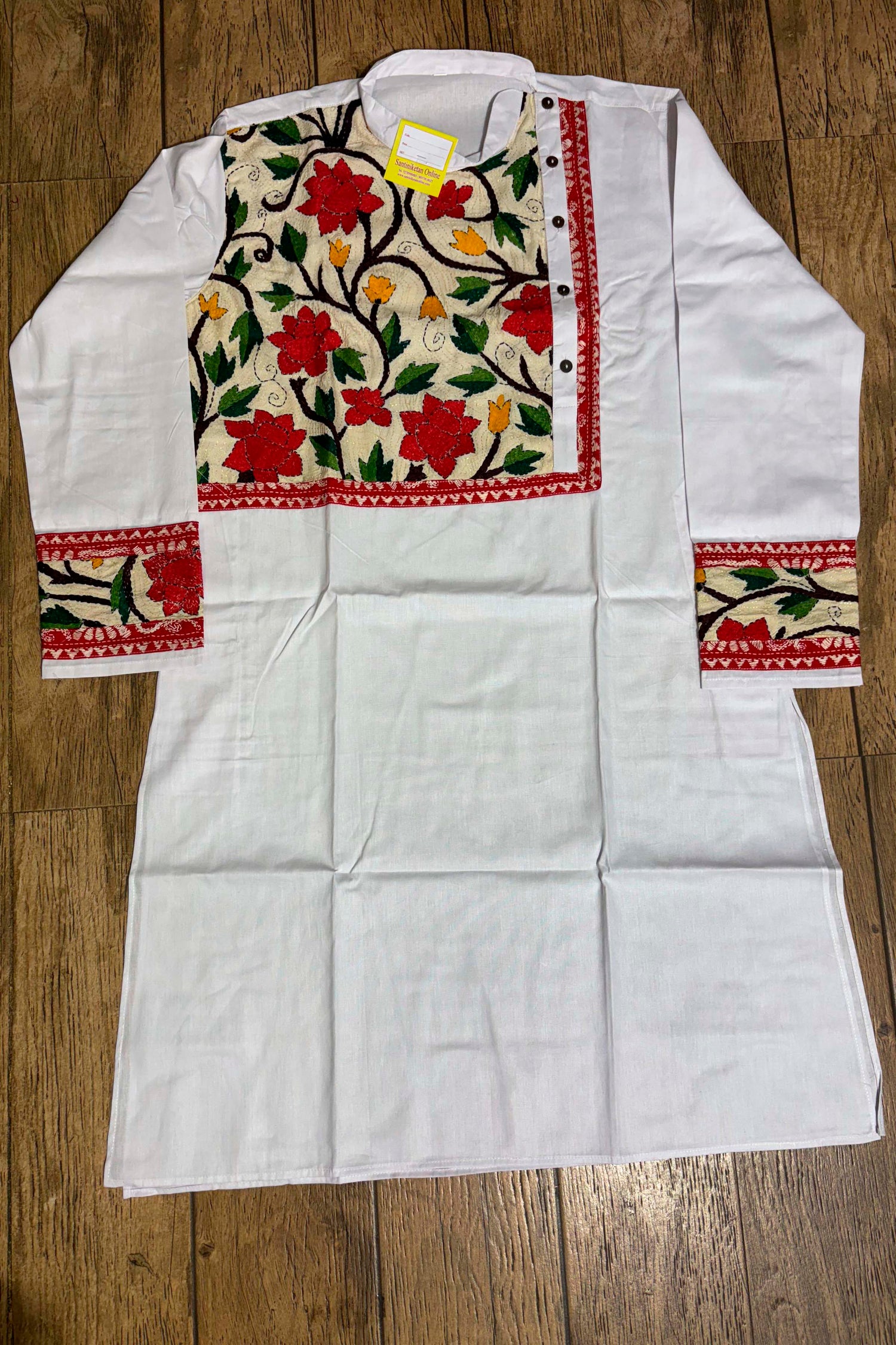 White Color Cotton with Multicolor Thread Kantha Patch Work Panjabi