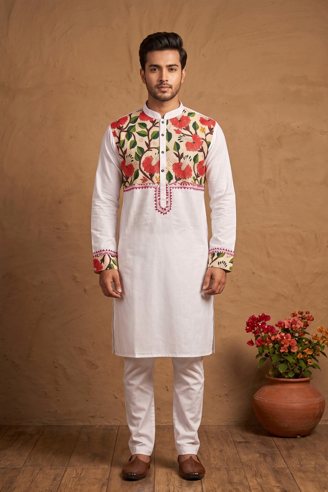 White Color Cotton with Multicolor Thread Kantha Patch Work Panjabi