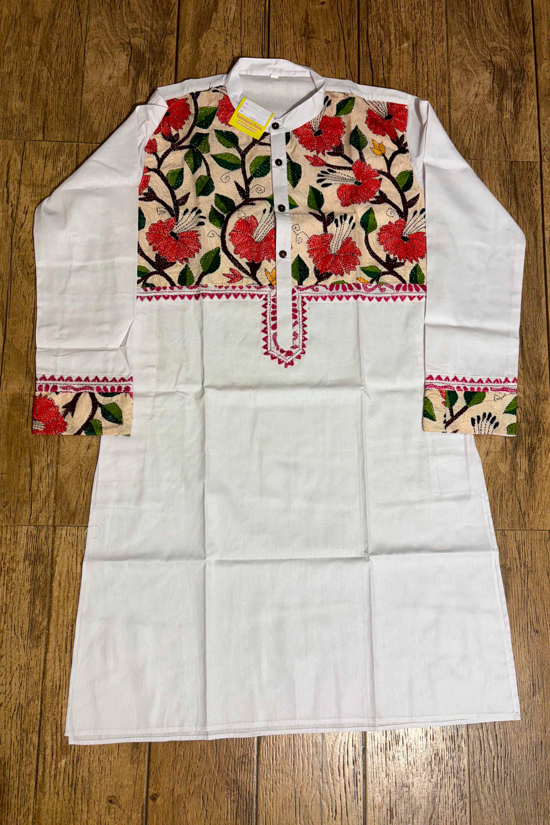 White Color Cotton with Multicolor Thread Kantha Patch Work Panjabi