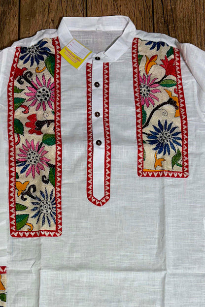 White Color Cotton with Multicolor Thread Kantha Patch Work Panjabi