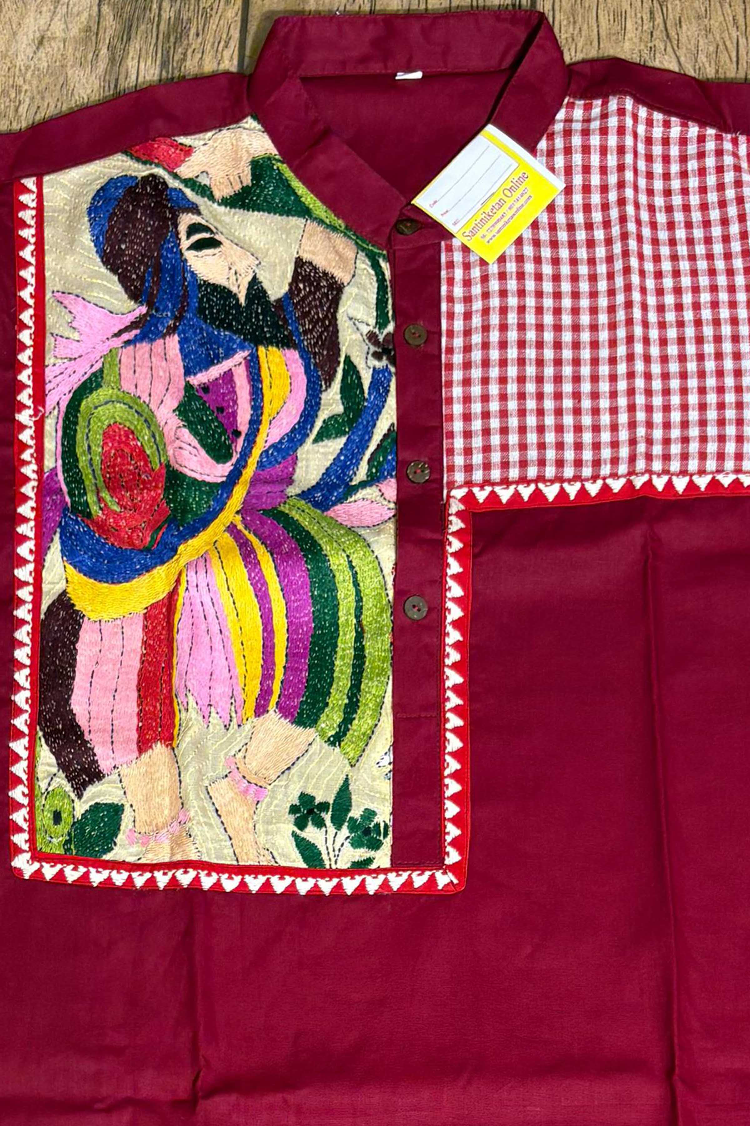 Maroon Color Cotton with Multicolor Thread Kantha Patch Work Panjabi