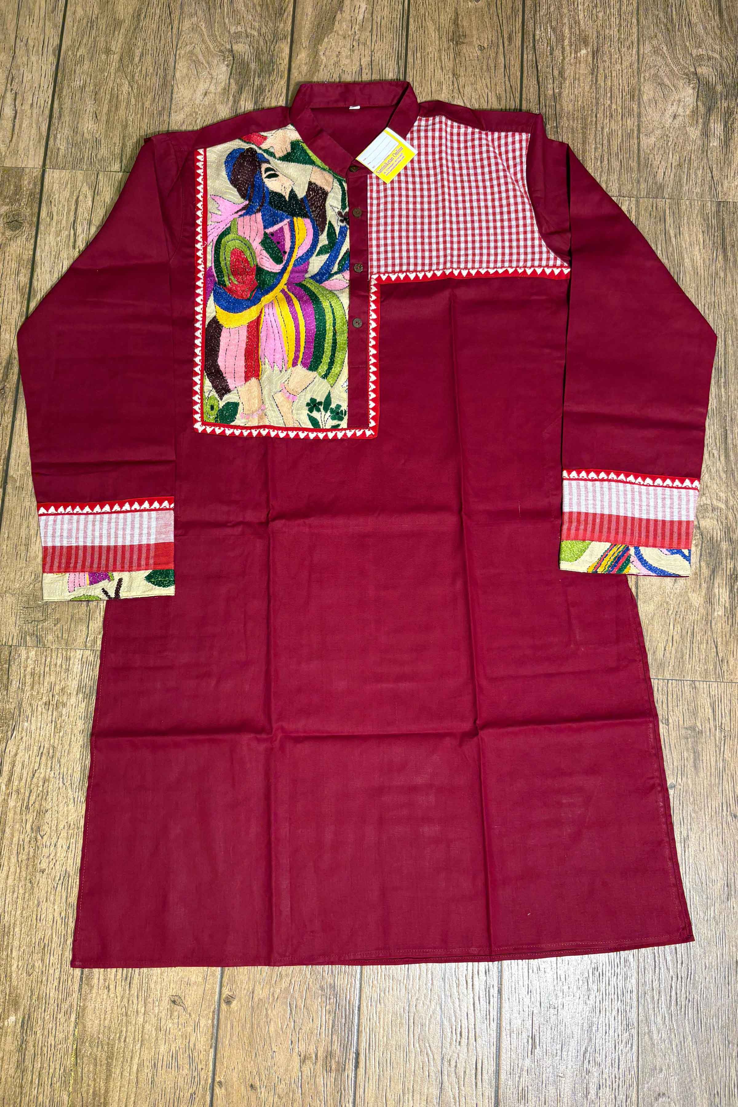 Maroon Color Cotton with Multicolor Thread Kantha Patch Work Panjabi