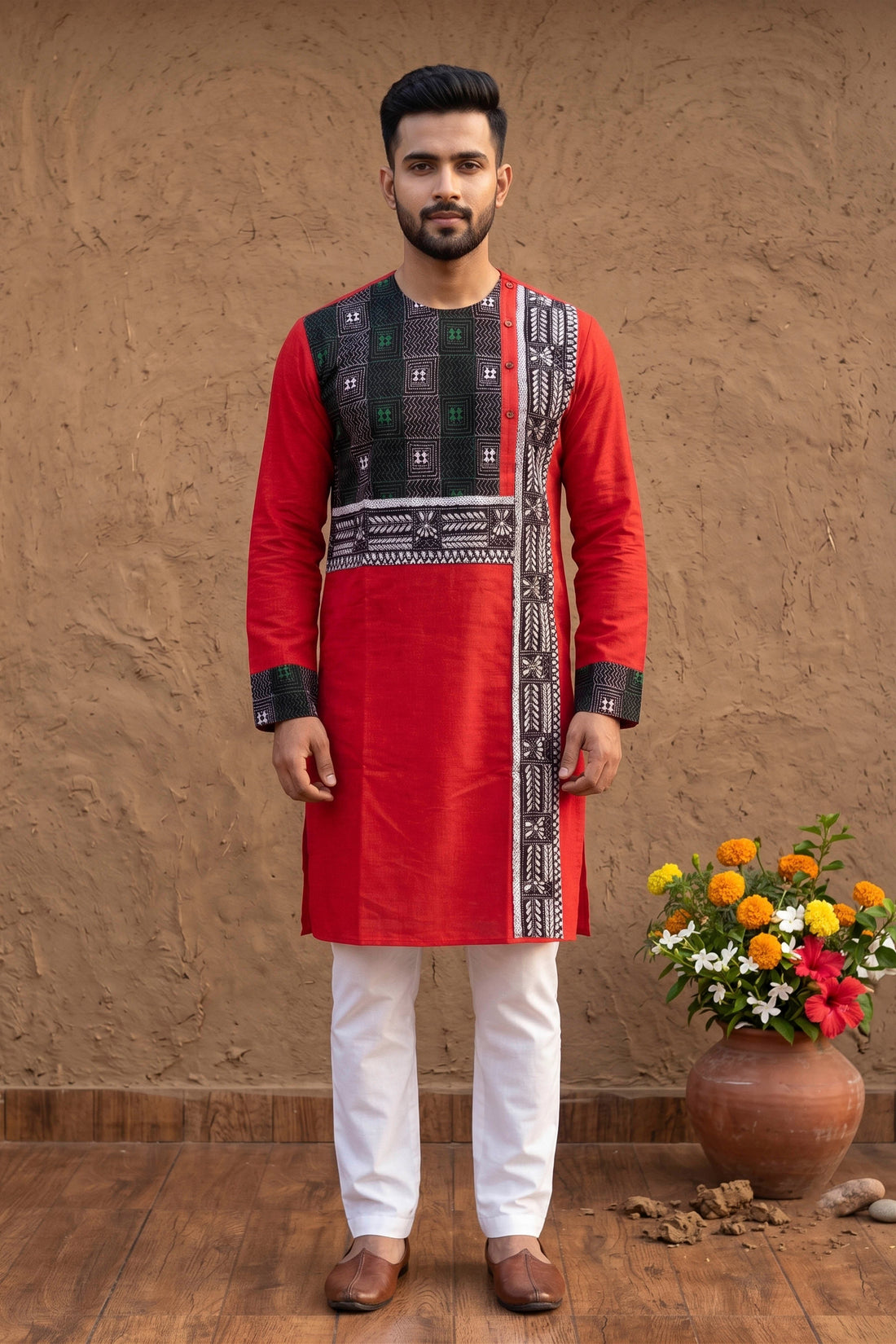Red Color Cotton with Tricolor Thread Kantha Patch Work Panjabi