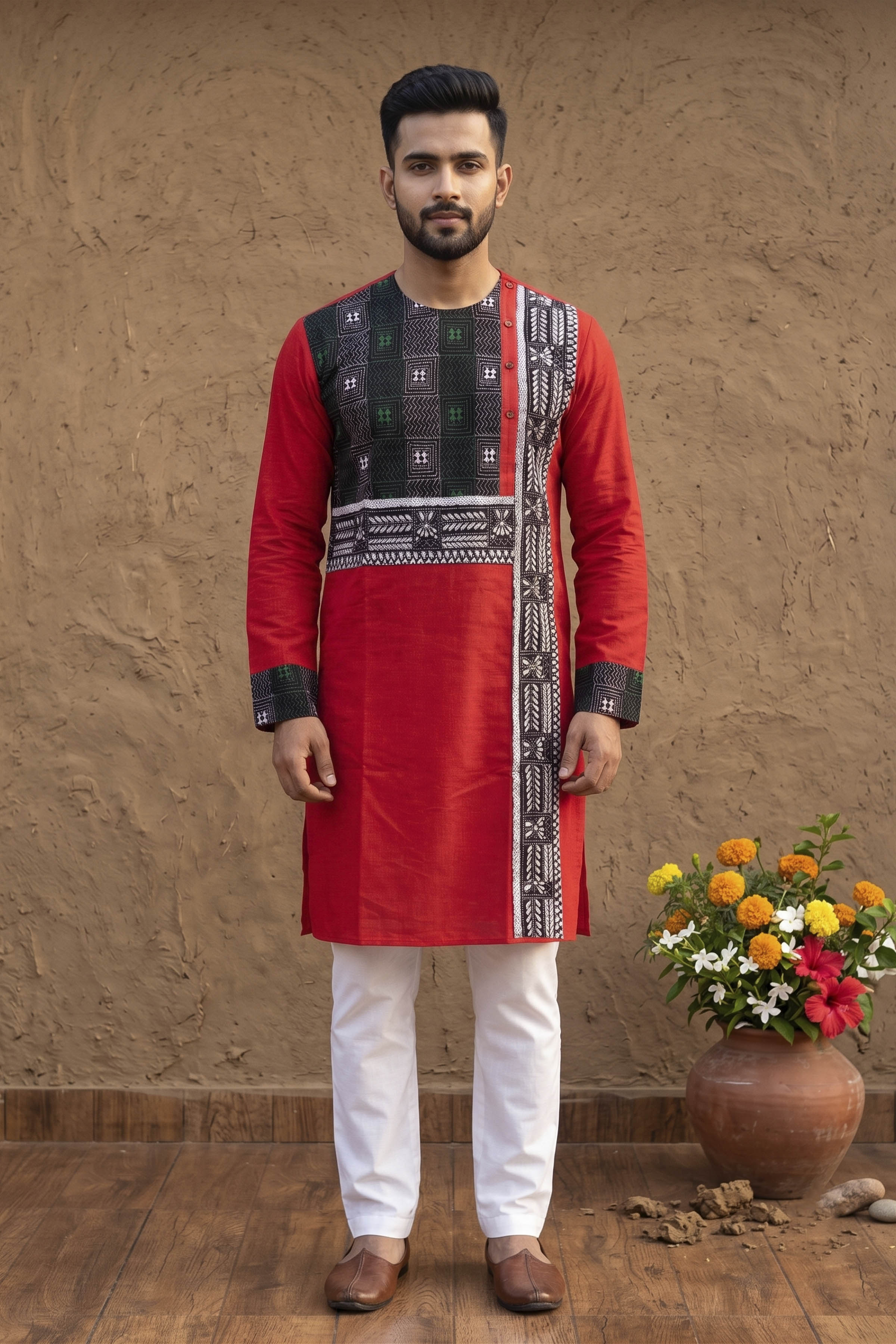 Red Color Cotton with Tricolor Thread Kantha Patch Work Panjabi