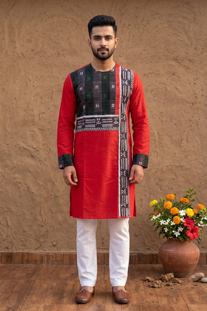 Red Color Cotton with Tricolor Thread Kantha Patch Work Panjabi