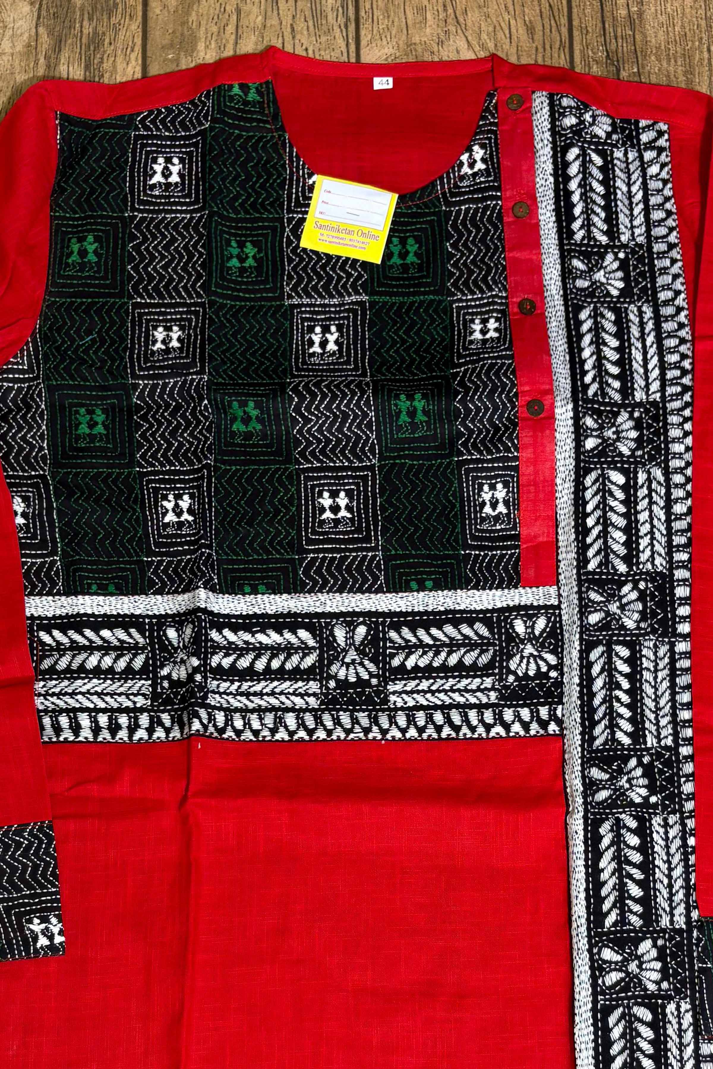 Red Color Cotton with Tricolor Thread Kantha Patch Work Panjabi