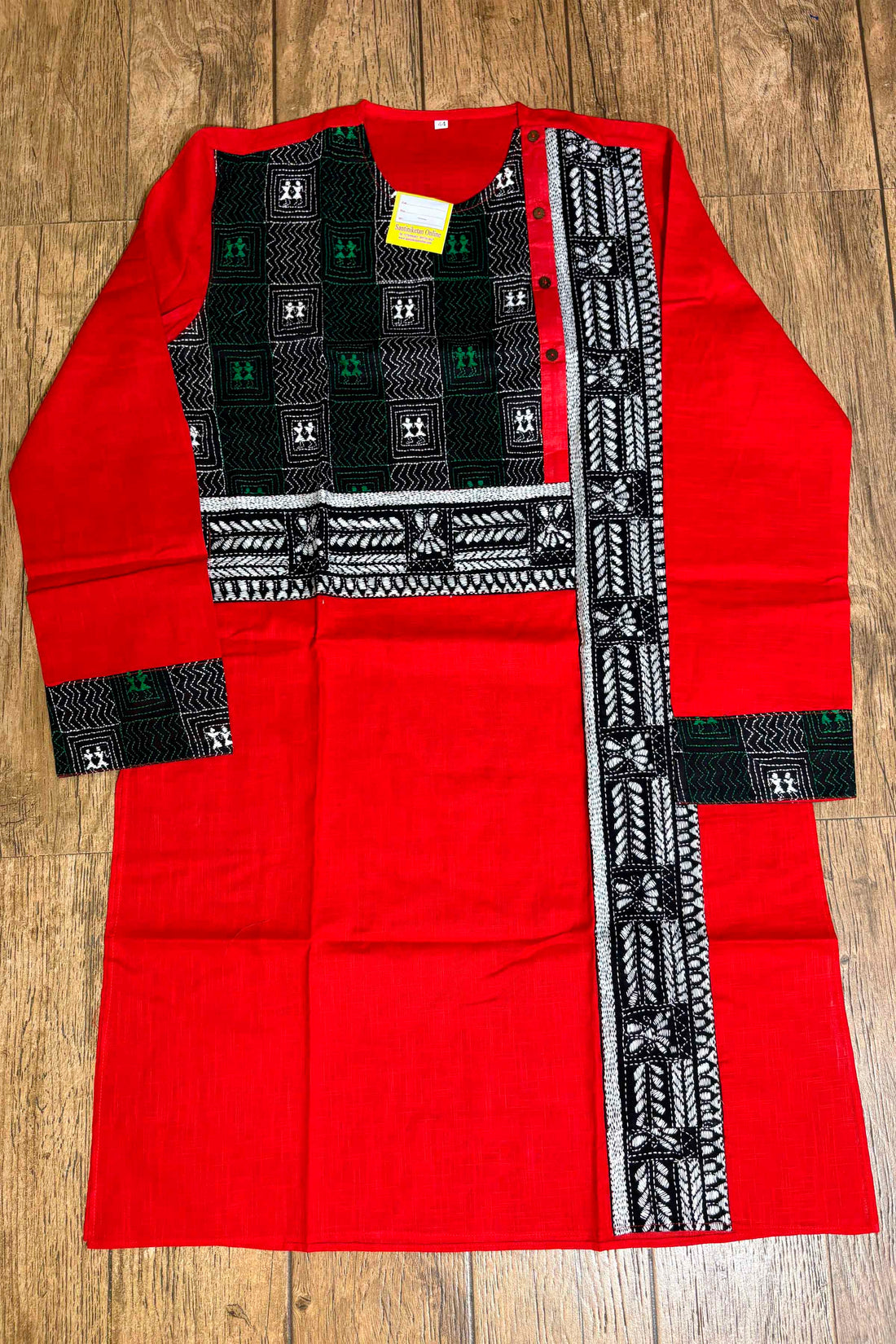 Red Color Cotton with Tricolor Thread Kantha Patch Work Panjabi