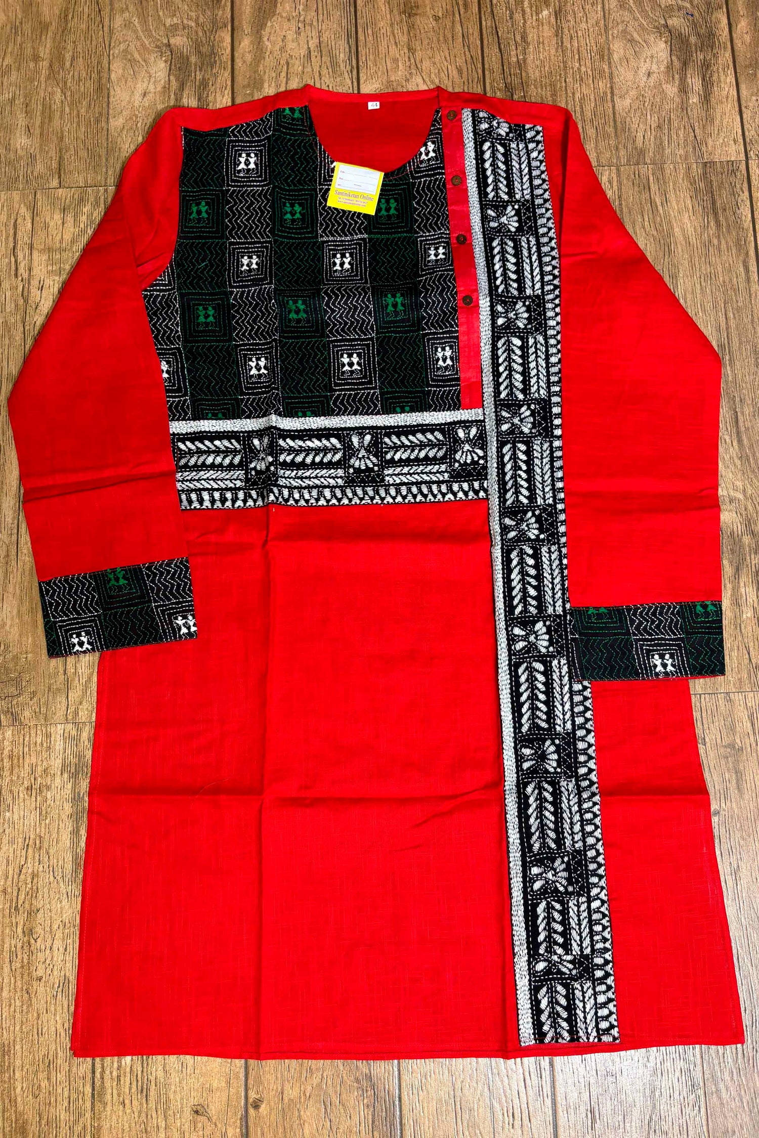 Red Color Cotton with Tricolor Thread Kantha Patch Work Panjabi