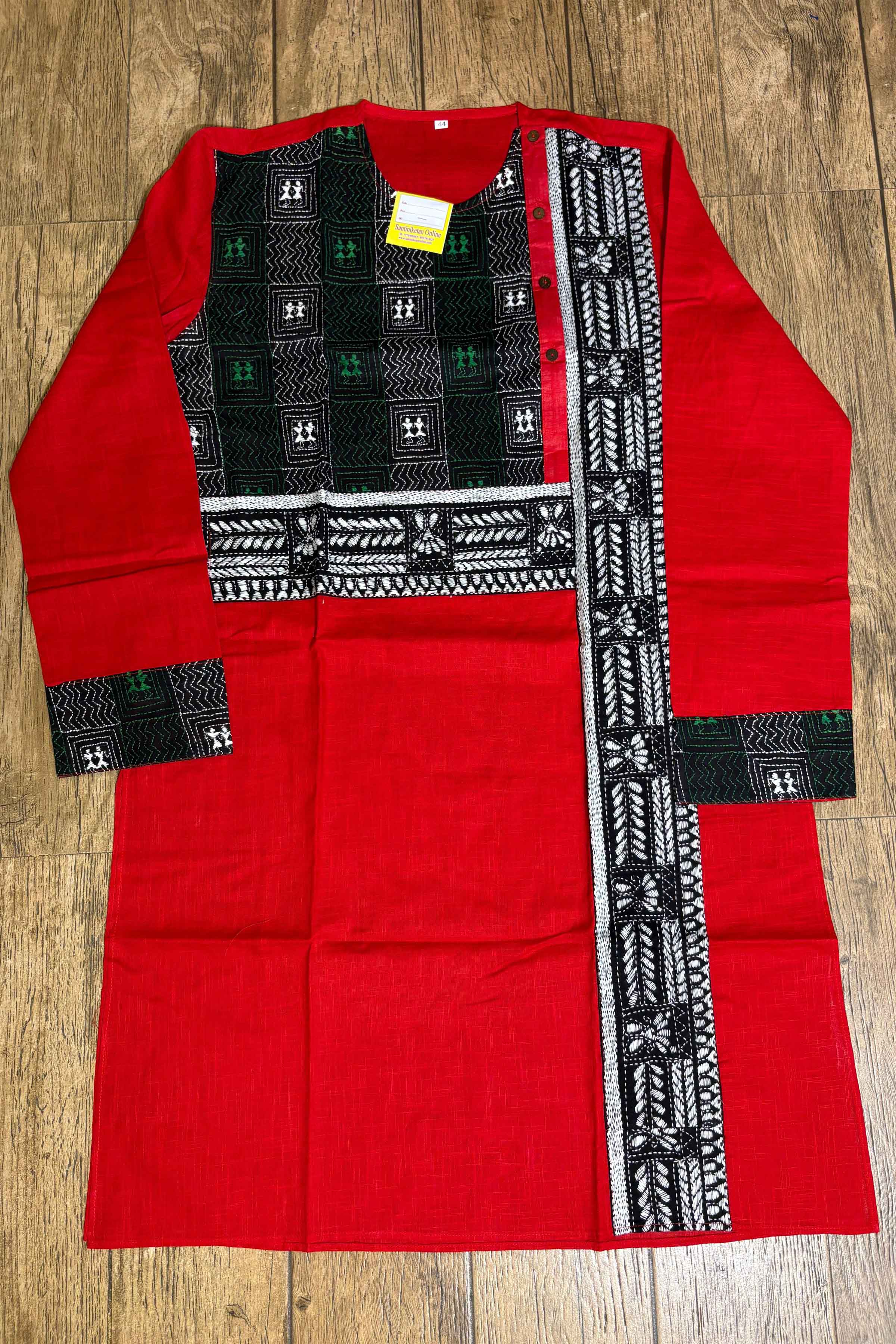 Red Color Cotton with Tricolor Thread Kantha Patch Work Panjabi