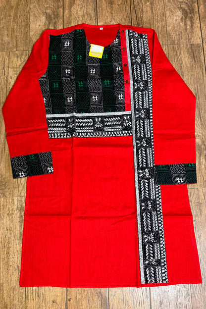 Red Color Cotton with Tricolor Thread Kantha Patch Work Panjabi