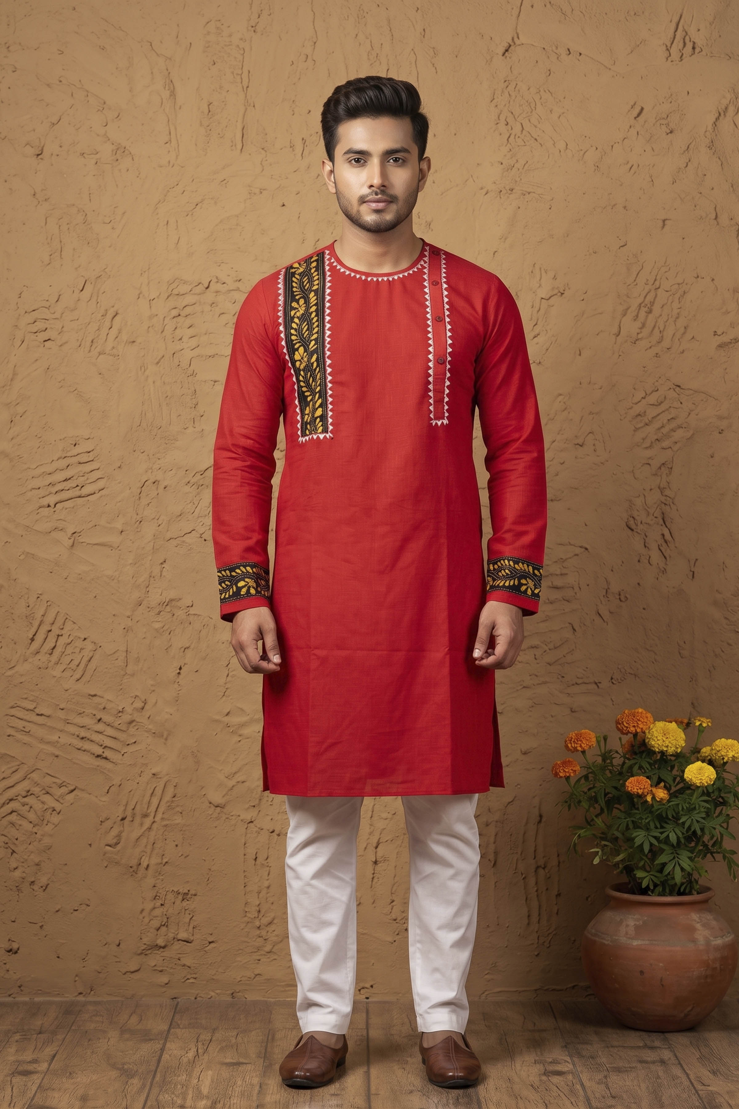 Red Color Cotton with Multicolor Thread Kantha Patch Work Panjabi