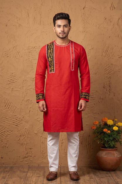 Red Color Cotton with Multicolor Thread Kantha Patch Work Panjabi