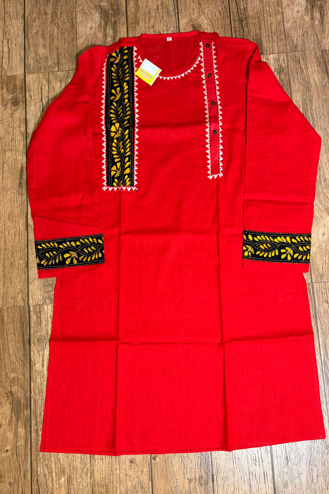 Red Color Cotton with Multicolor Thread Kantha Patch Work Panjabi