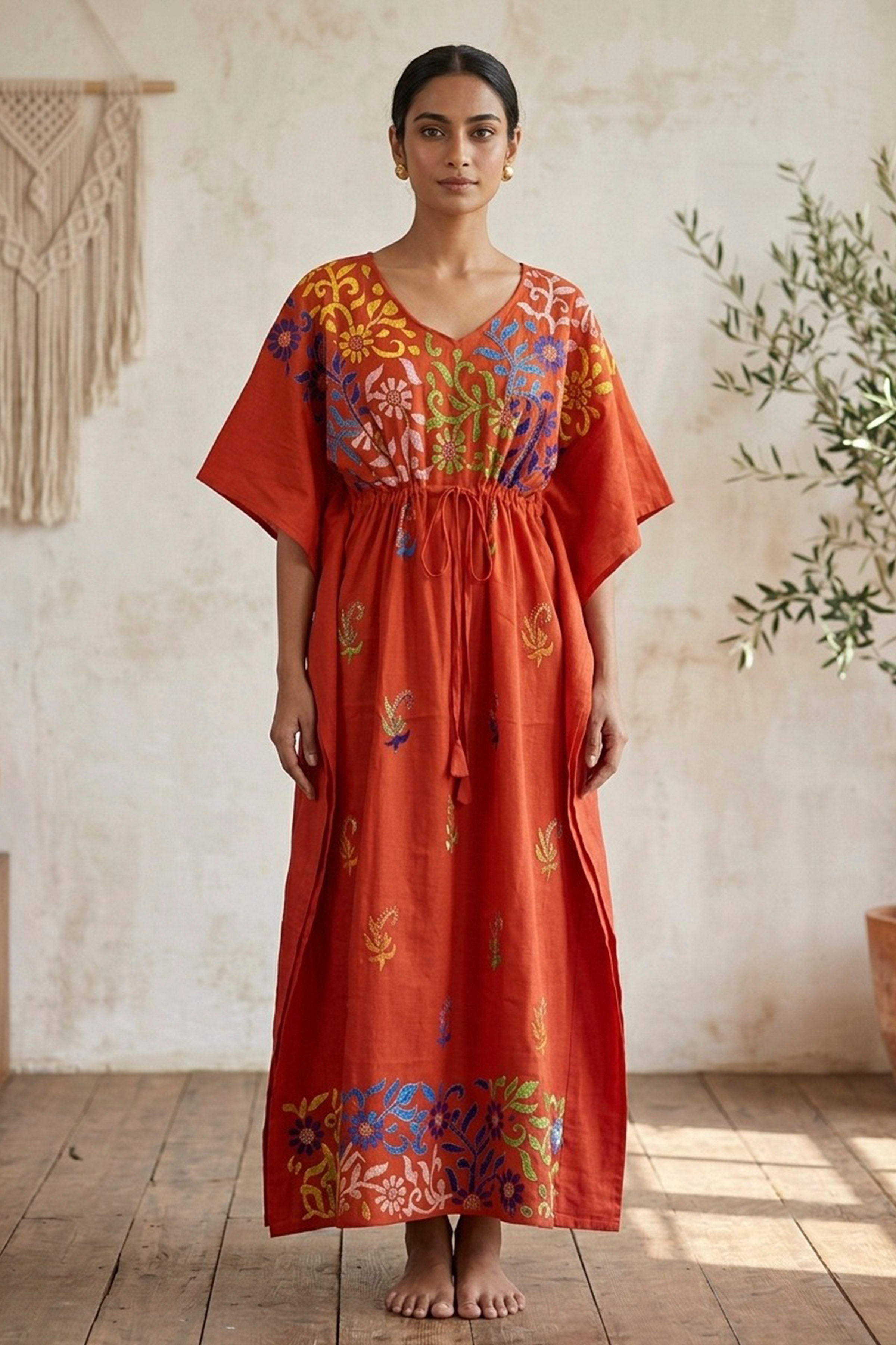 Kantha Hand Embroidery Cotton Kaftan SN26169