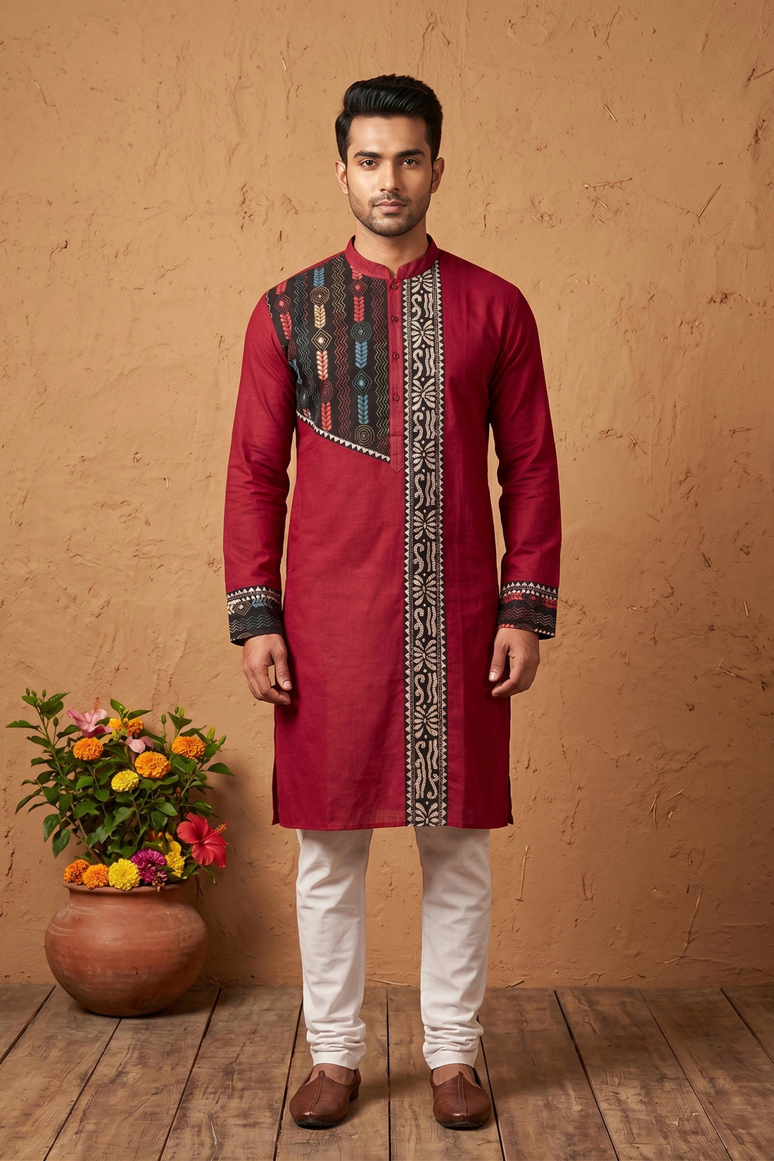Maroon Color Cotton with Multicolor Thread Kantha Patch Work Panjabi