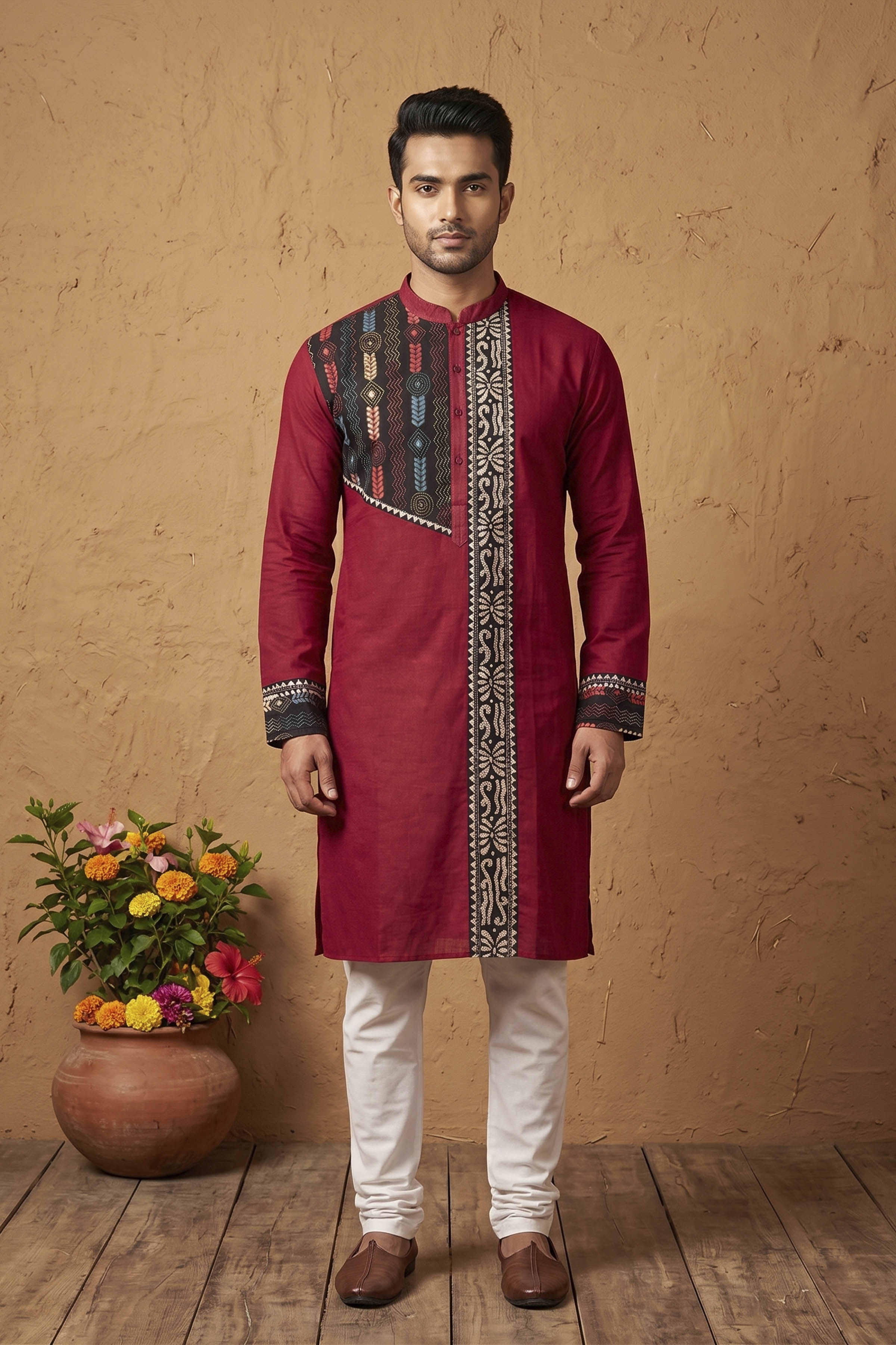 Maroon Color Cotton with Multicolor Thread Kantha Patch Work Panjabi