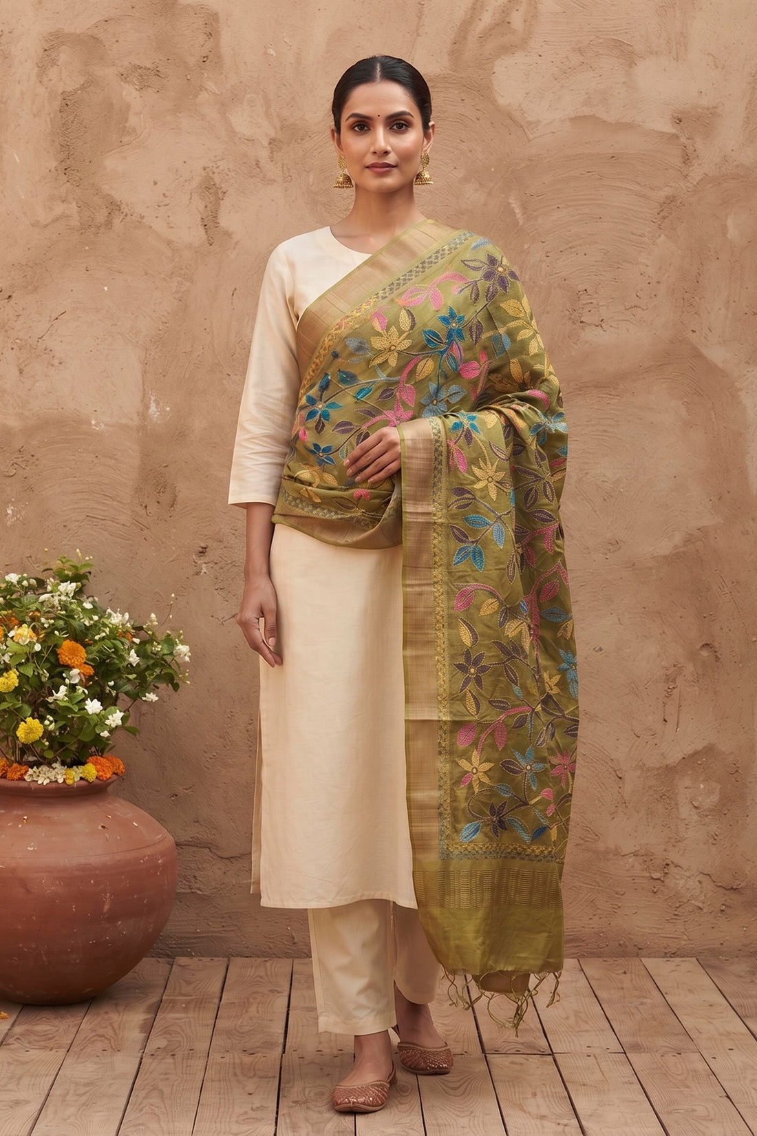 Zari Border Pure Tussar Kantha Stitch Dupatta SN26KD16