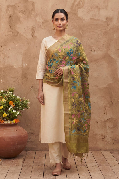 Zari Border Pure Tussar Kantha Stitch Dupatta SN26KD16