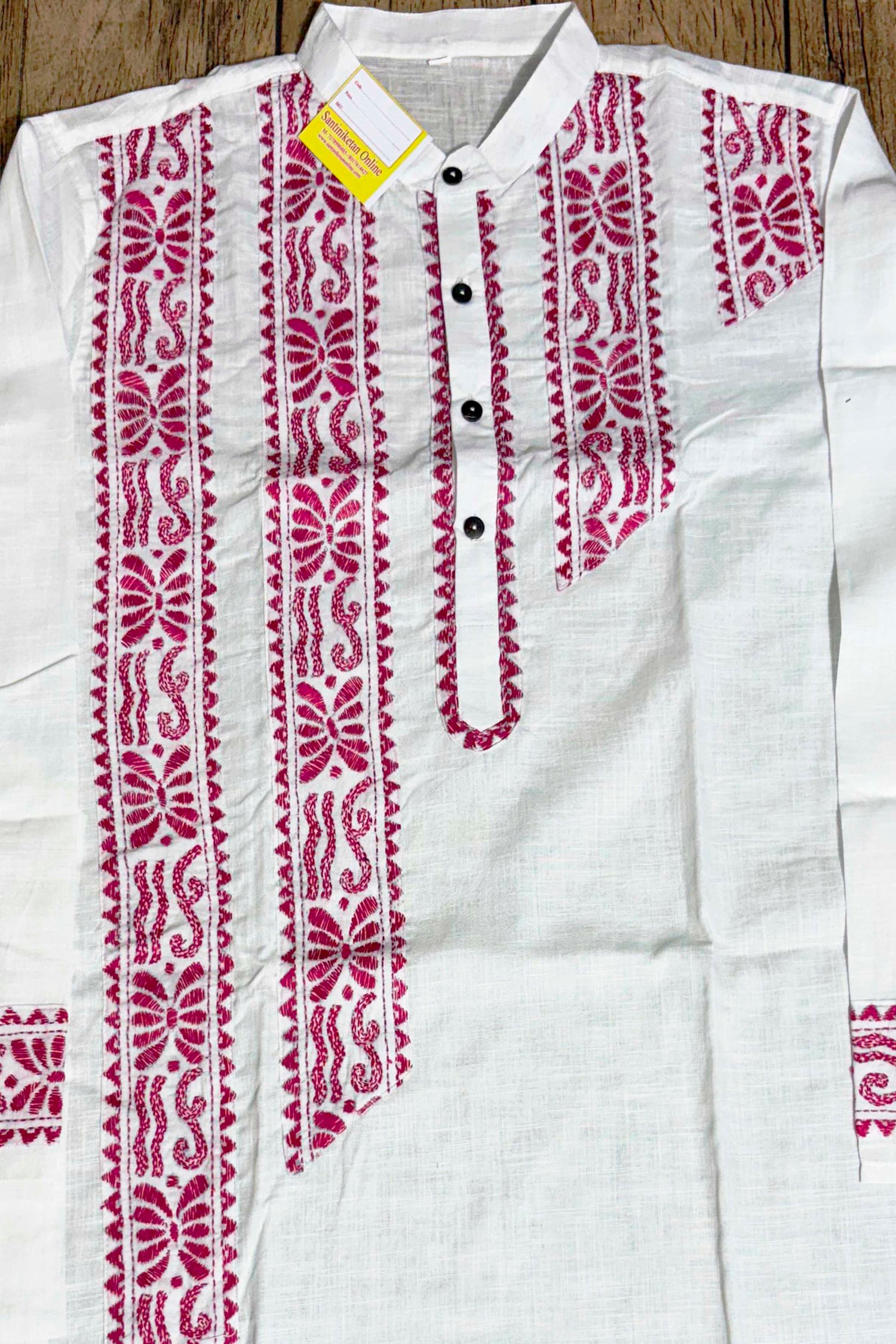 White Color Cotton with Rani Color Thread Kantha Patch Work Panjabi