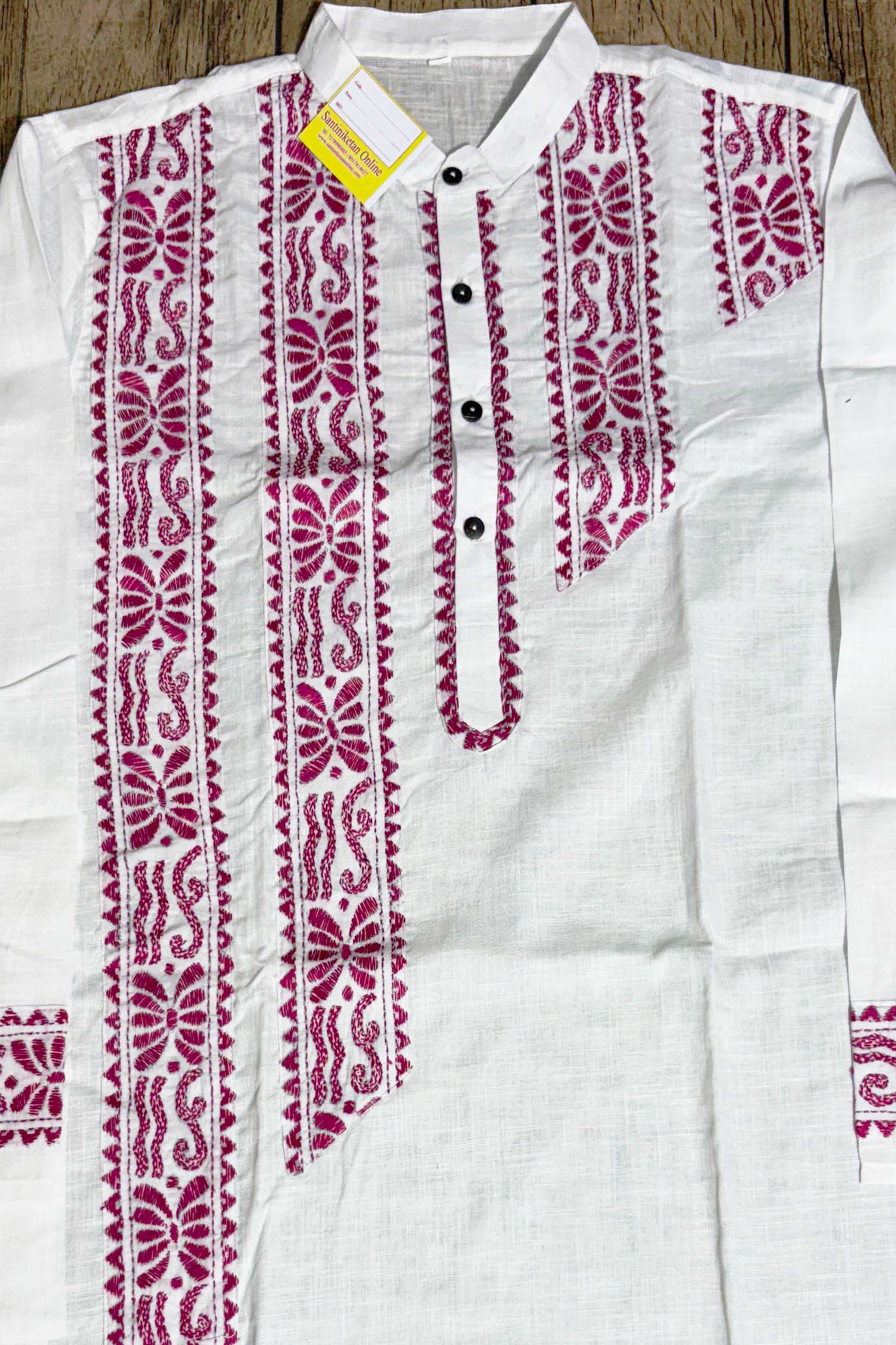 White Color Cotton with Rani Color Thread Kantha Patch Work Panjabi