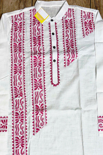 White Color Cotton with Rani Color Thread Kantha Patch Work Panjabi