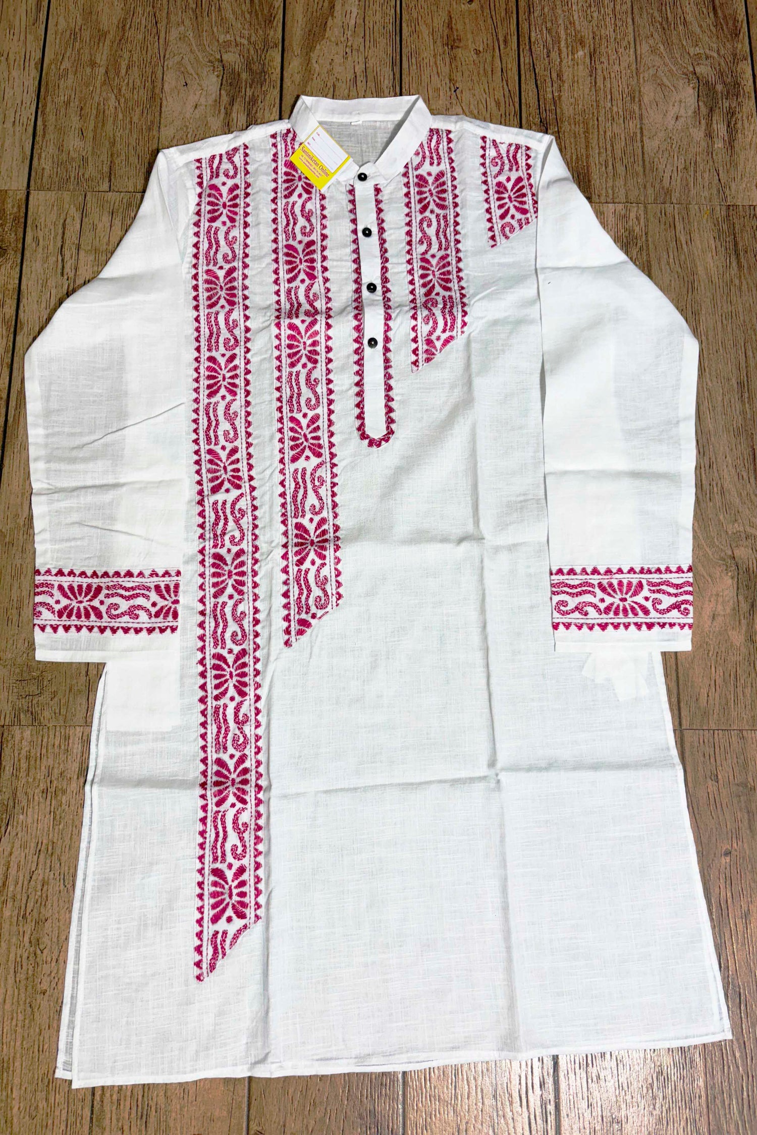White Color Cotton with Rani Color Thread Kantha Patch Work Panjabi
