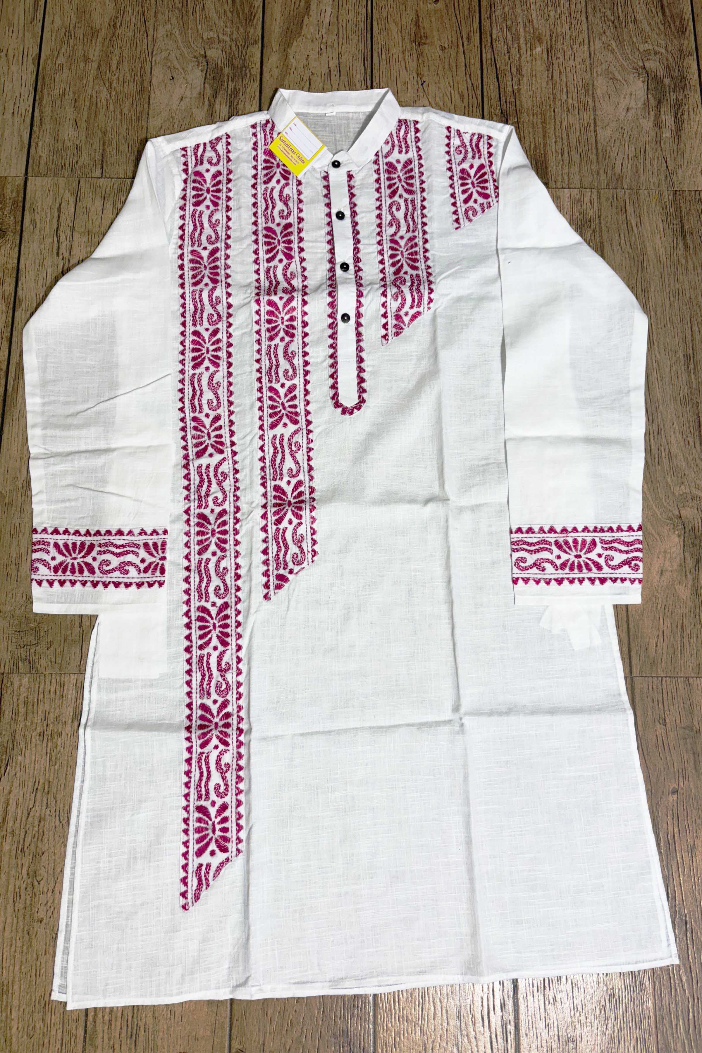 White Color Cotton with Rani Color Thread Kantha Patch Work Panjabi
