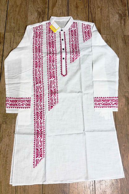 White Color Cotton with Rani Color Thread Kantha Patch Work Panjabi
