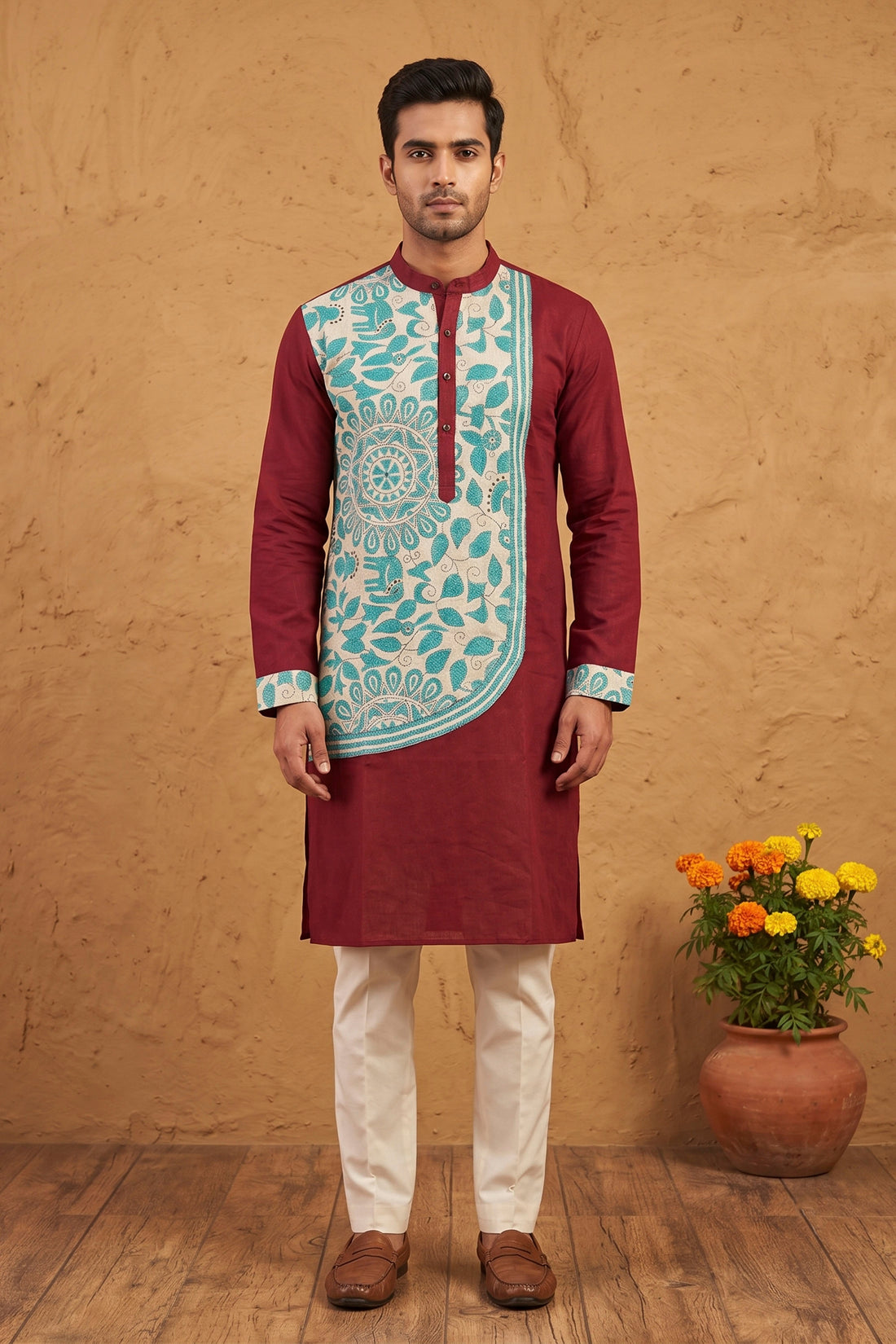 Maroon Color Cotton with Single color Thread Kantha Patch Work Panjabi
