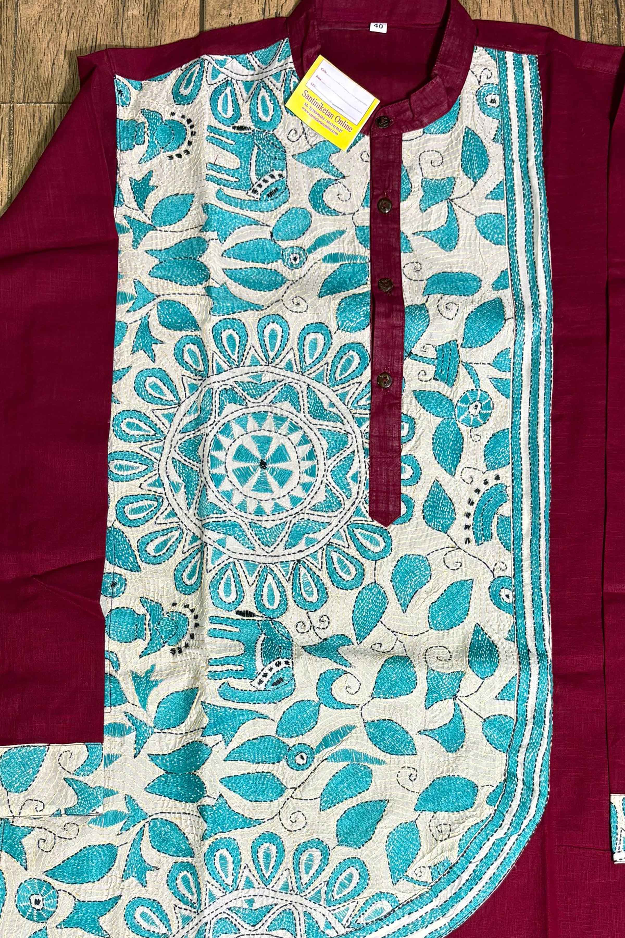 Maroon Color Cotton with Single color Thread Kantha Patch Work Panjabi