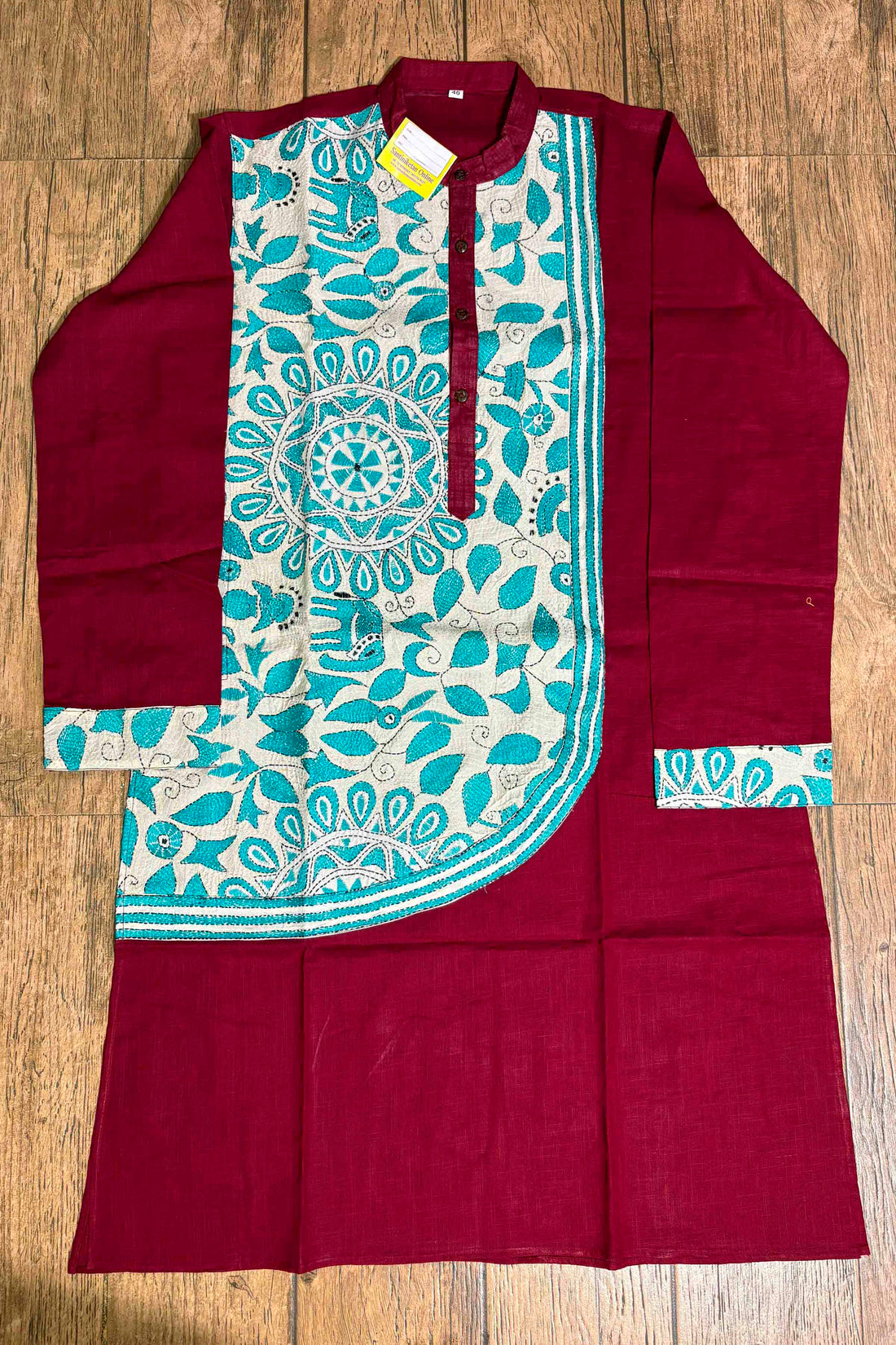 Maroon Color Cotton with Single color Thread Kantha Patch Work Panjabi
