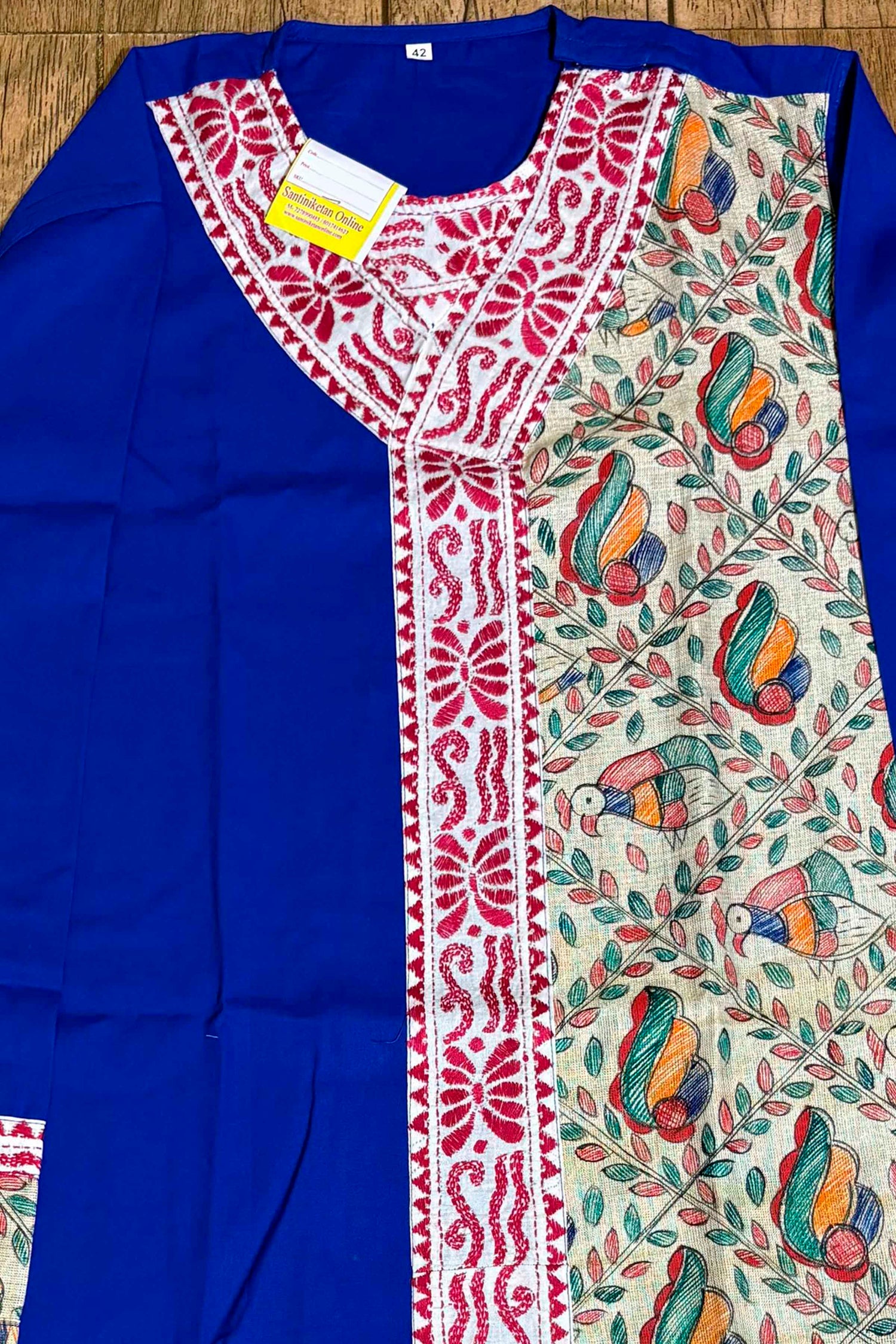 Blue Color Cotton with Red Color Thread Kantha and Madhubani Patch Work Panjabi
