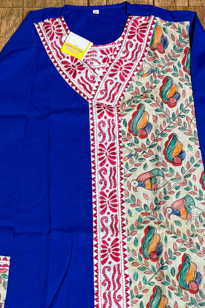 Blue Color Cotton with Red Color Thread Kantha and Madhubani Patch Work Panjabi