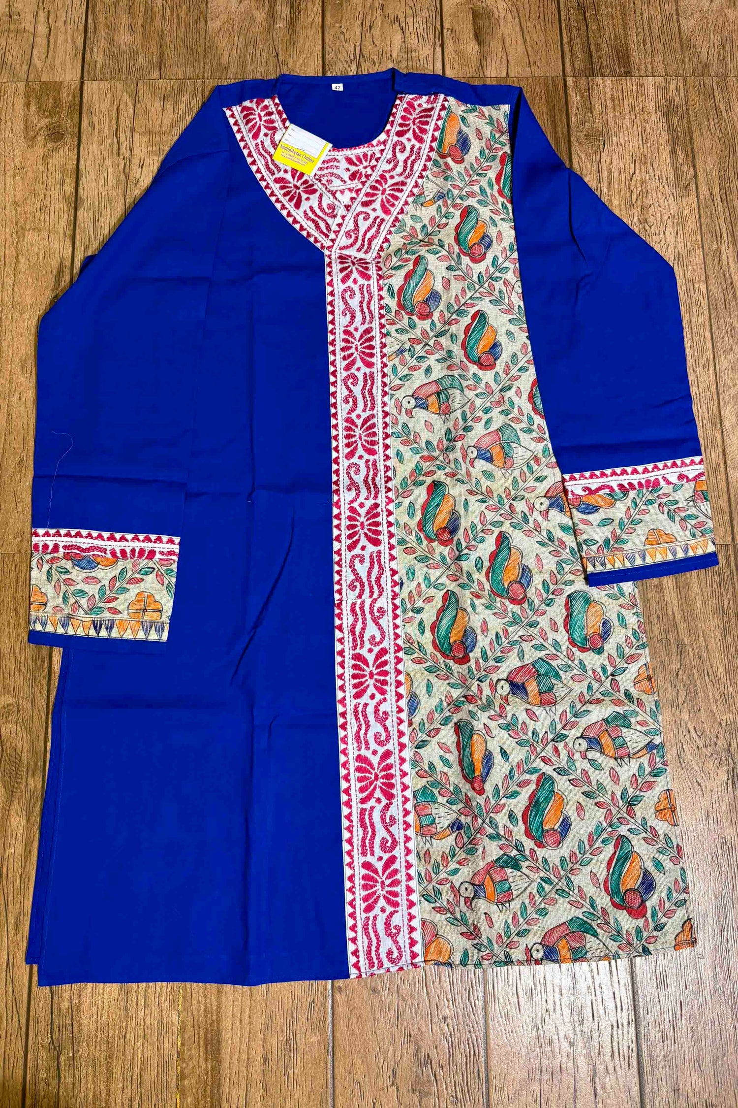 Blue Color Cotton with Red Color Thread Kantha and Madhubani Patch Work Panjabi