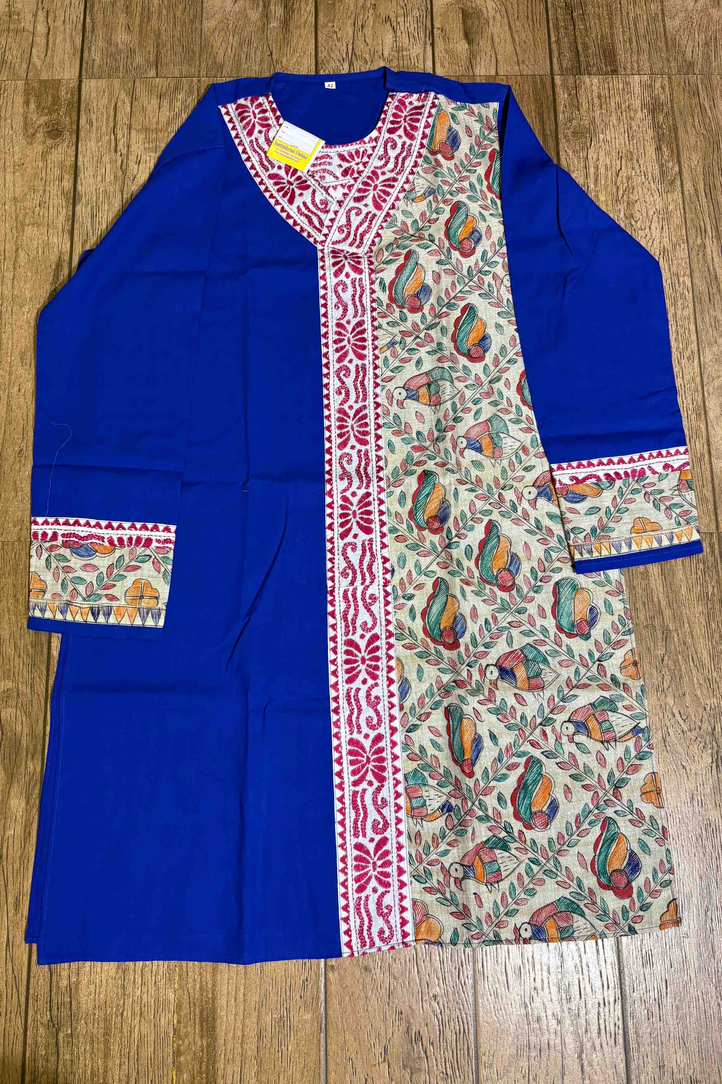 Blue Color Cotton with Red Color Thread Kantha and Madhubani Patch Work Panjabi