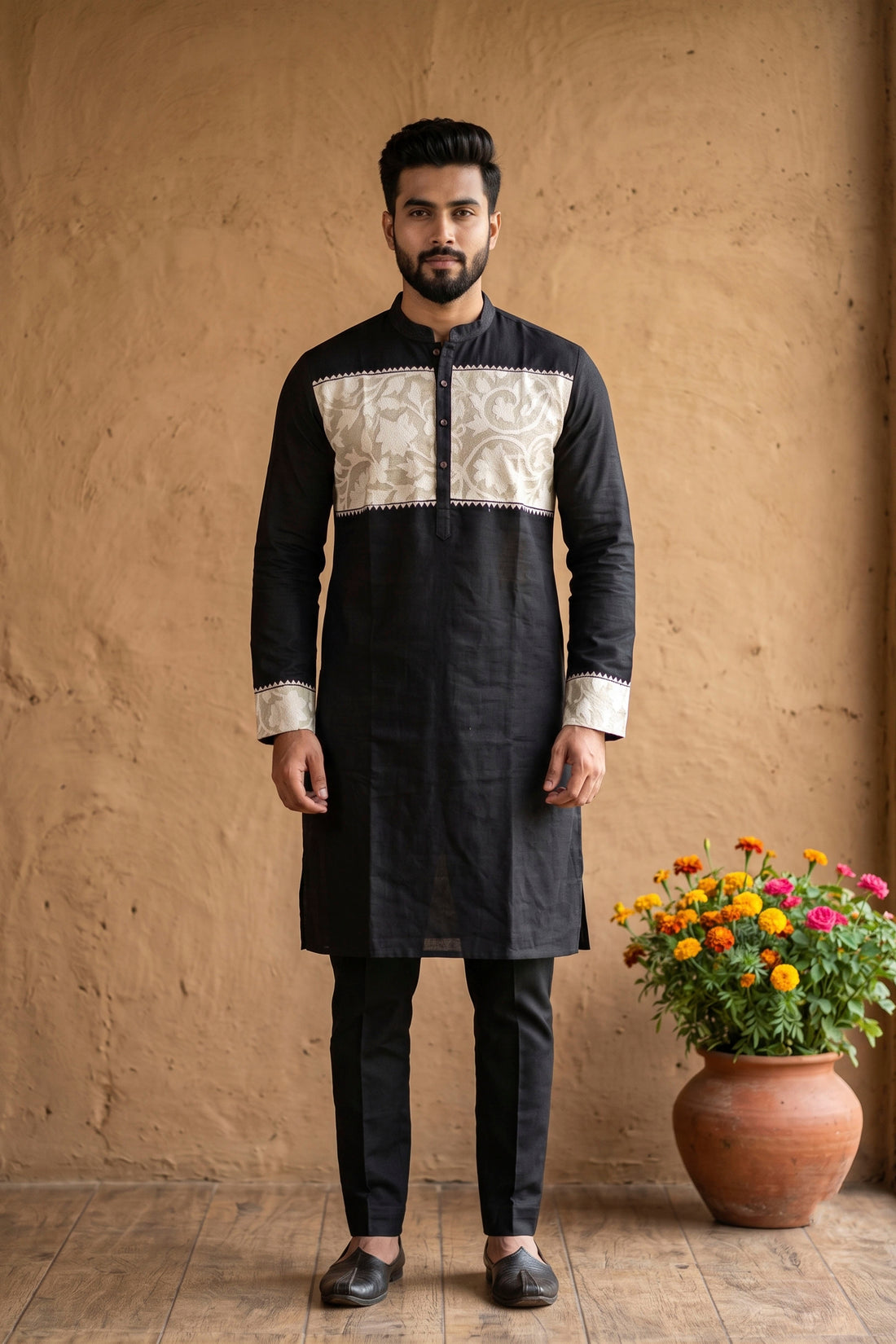 Black Color Cotton with White color Thread Kantha Patch Work Panjabi