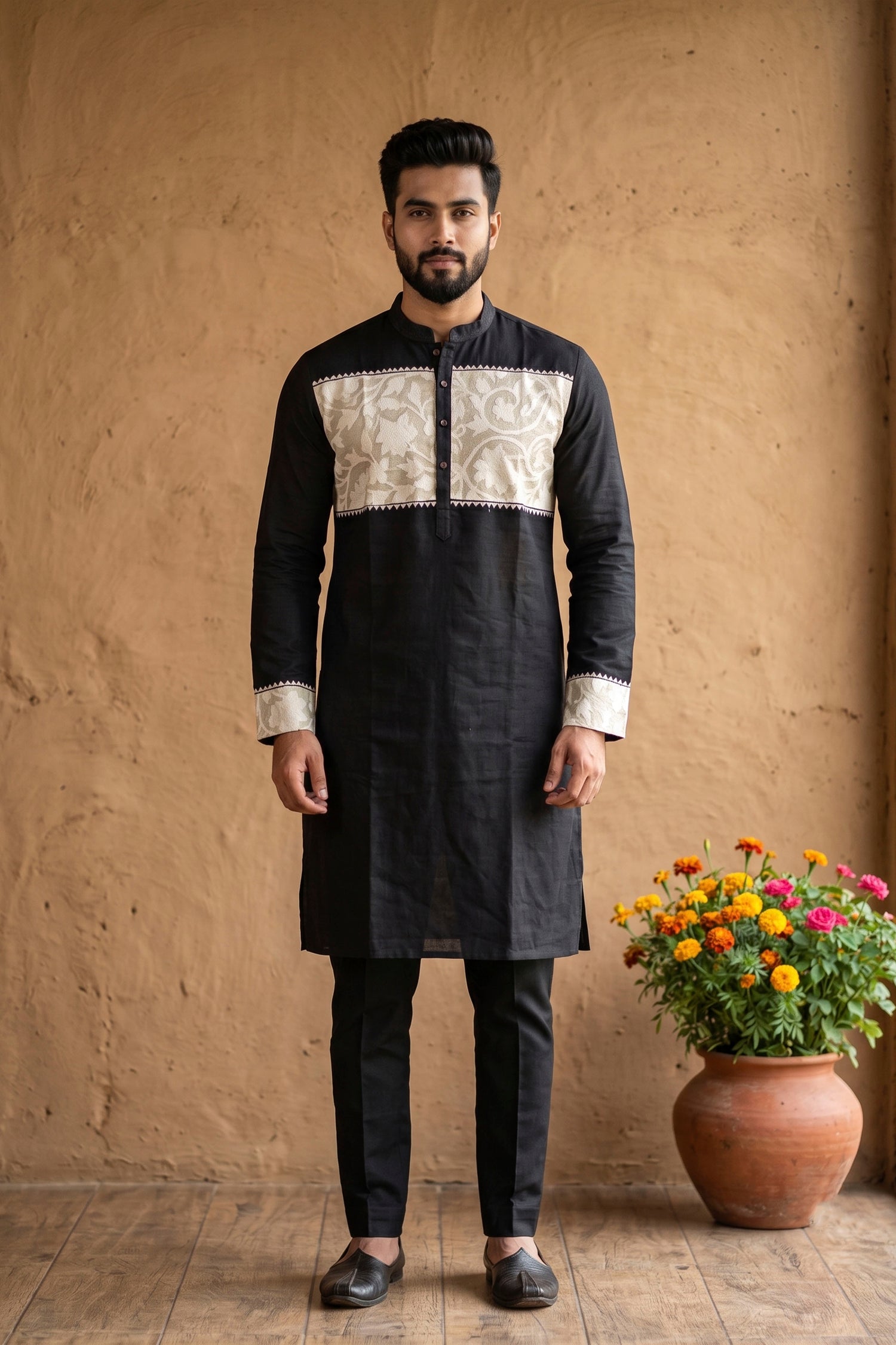 Black Color Cotton with White color Thread Kantha Patch Work Panjabi