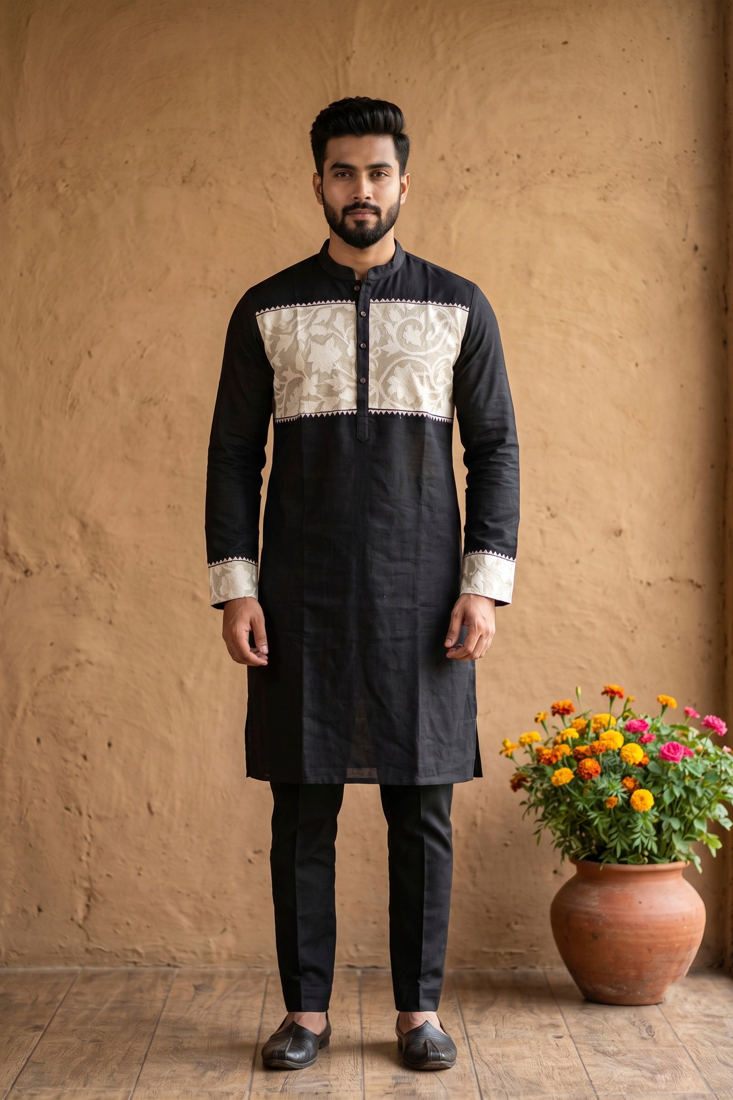 Black Color Cotton with White color Thread Kantha Patch Work Panjabi