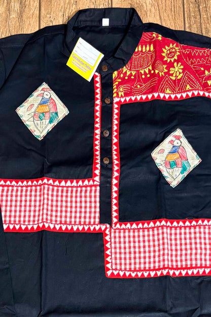 Black Color Cotton with Kantha and Madhubani Patch Work Panjabi