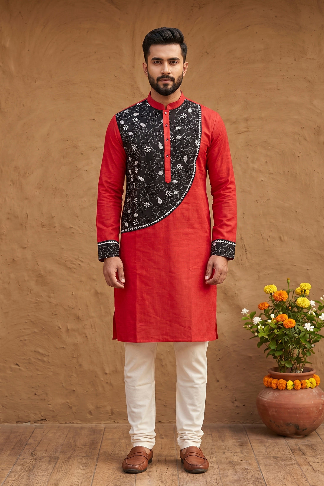 Red Color Cotton with White Color Thread Black Kantha Patch Work Panjabi