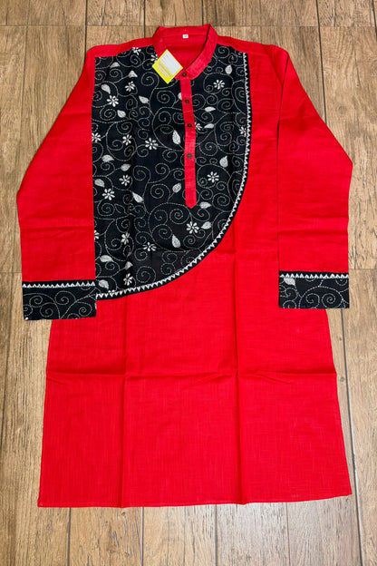 Red Color Cotton with White Color Thread Black Kantha Patch Work Panjabi