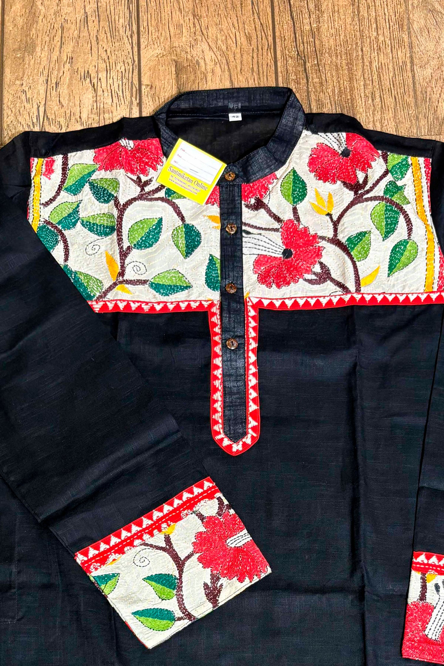 Black Color Cotton with Multicolor Thread Kantha Patch Work Panjabi