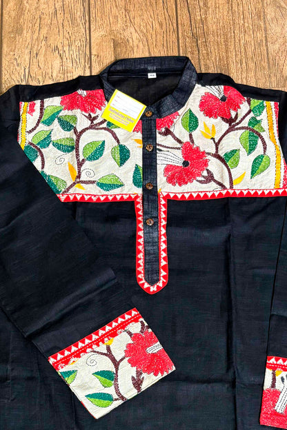 Black Color Cotton with Multicolor Thread Kantha Patch Work Panjabi