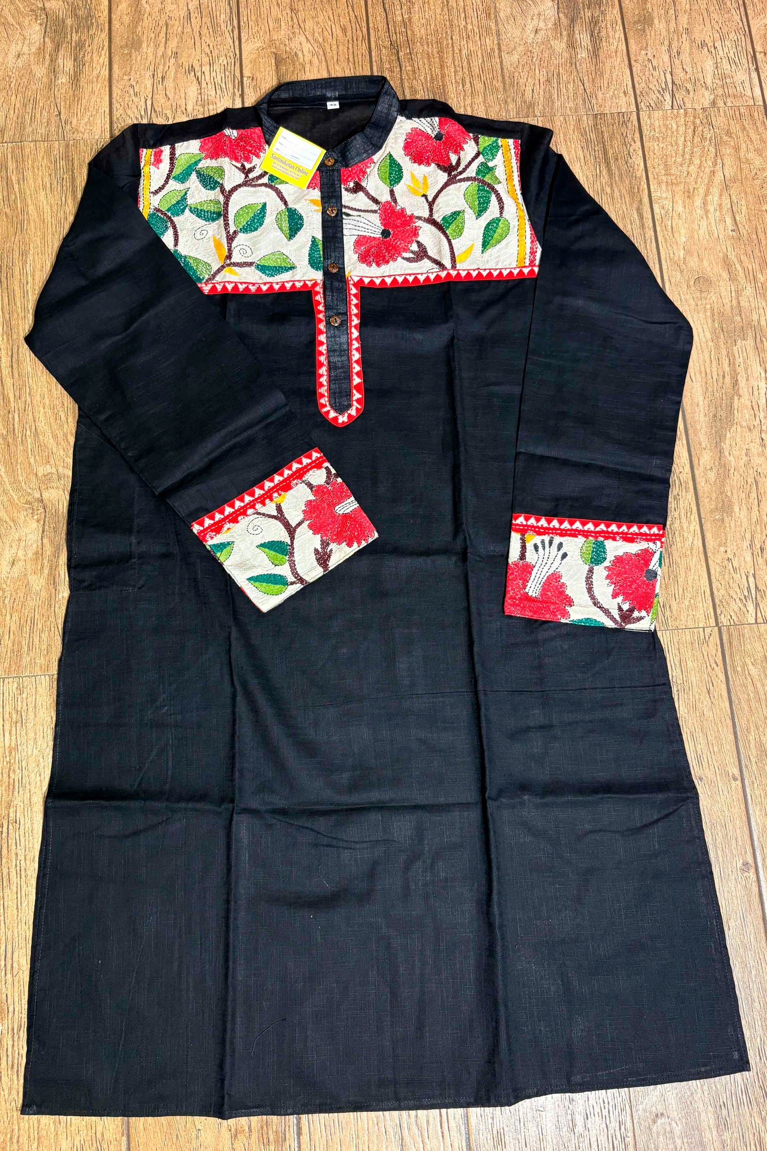 Black Color Cotton with Multicolor Thread Kantha Patch Work Panjabi