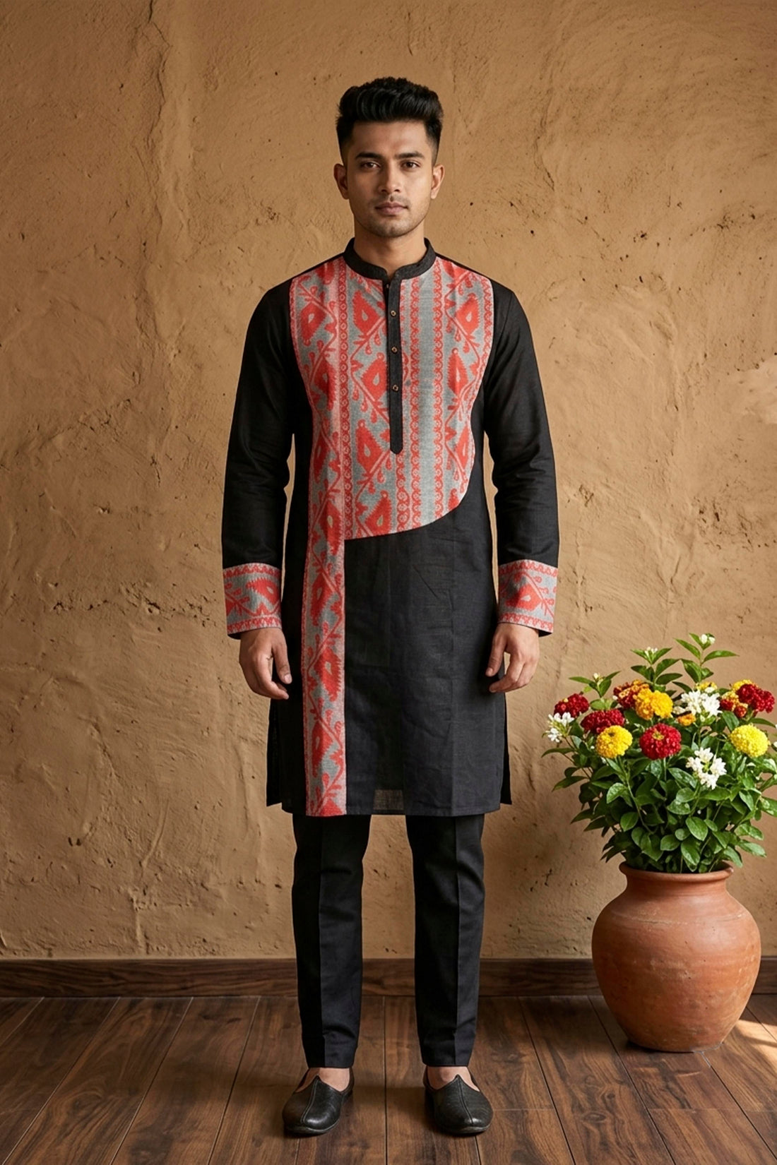 Black Color Cotton with Orange Jamdani Patch Work Panjabi