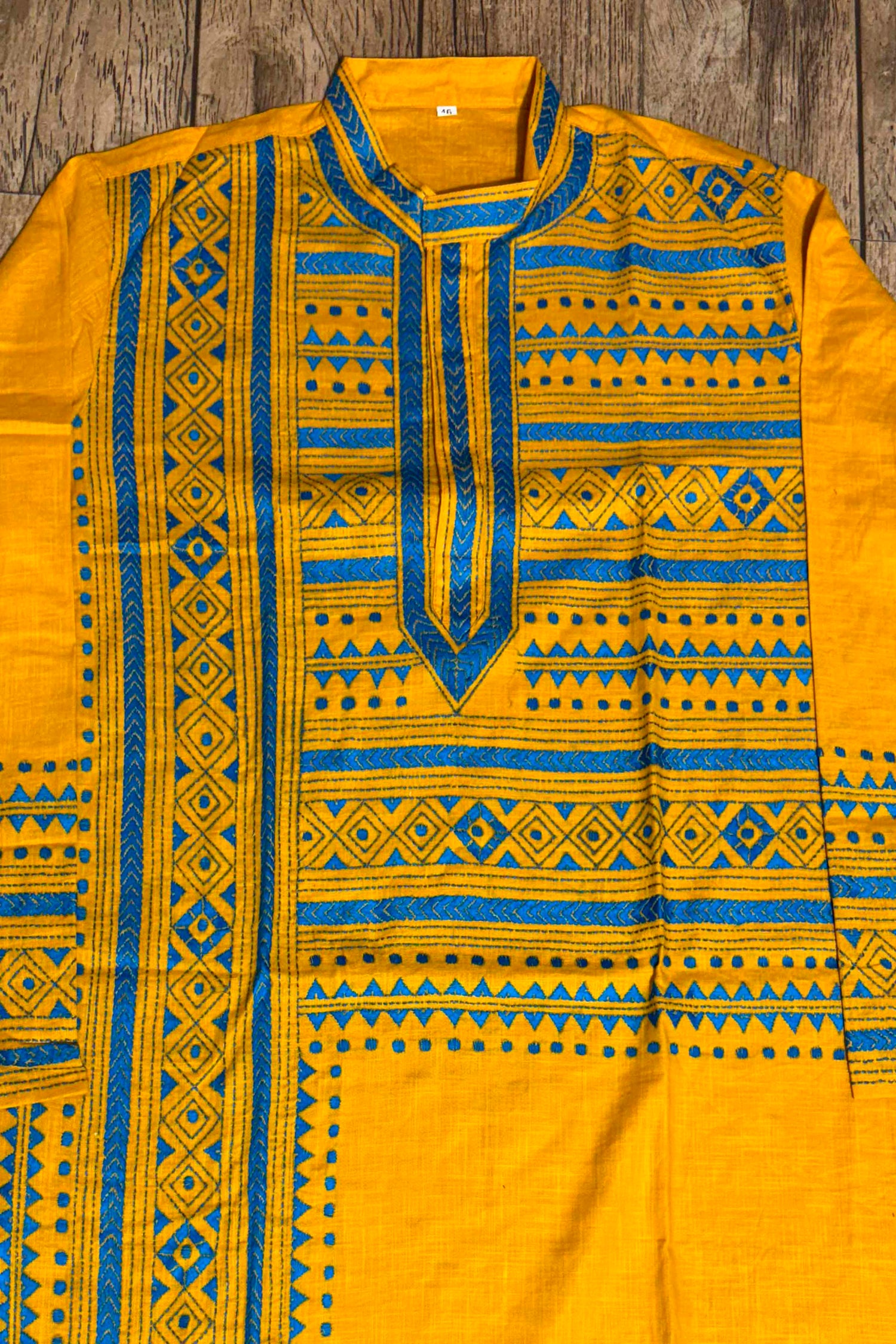 Yellow Color Cotton with Green Color Thread Work Kantha Panjabi