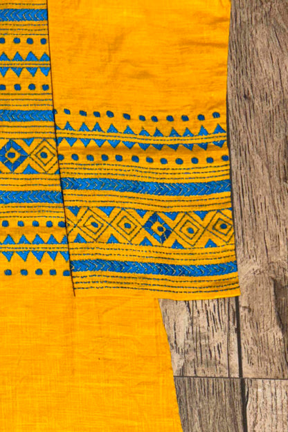 Yellow Color Cotton with Green Color Thread Work Kantha Panjabi