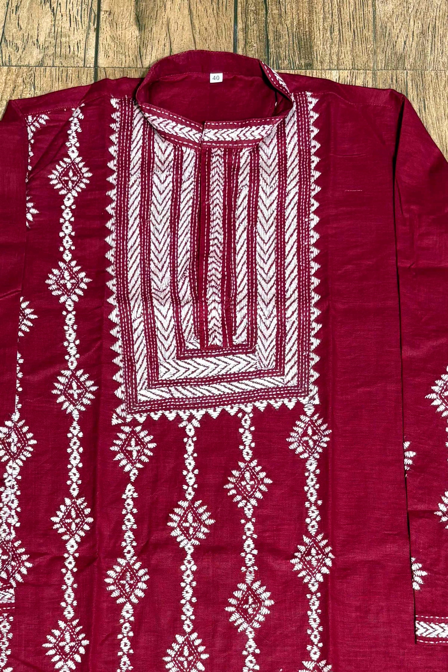Maroon Color Cotton with White Color Thread Work Kantha Panjabi