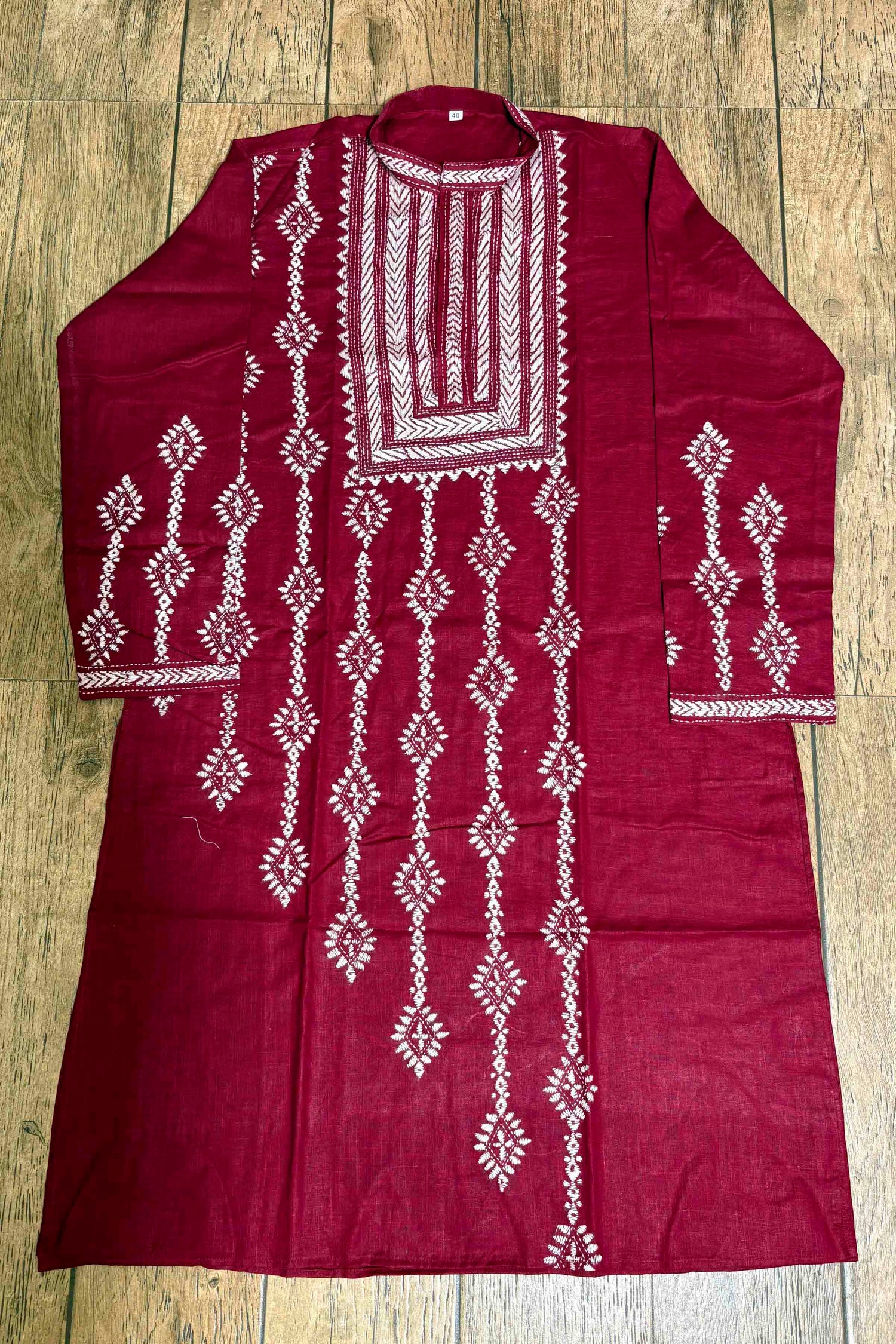 Maroon Color Cotton with White Color Thread Work Kantha Panjabi